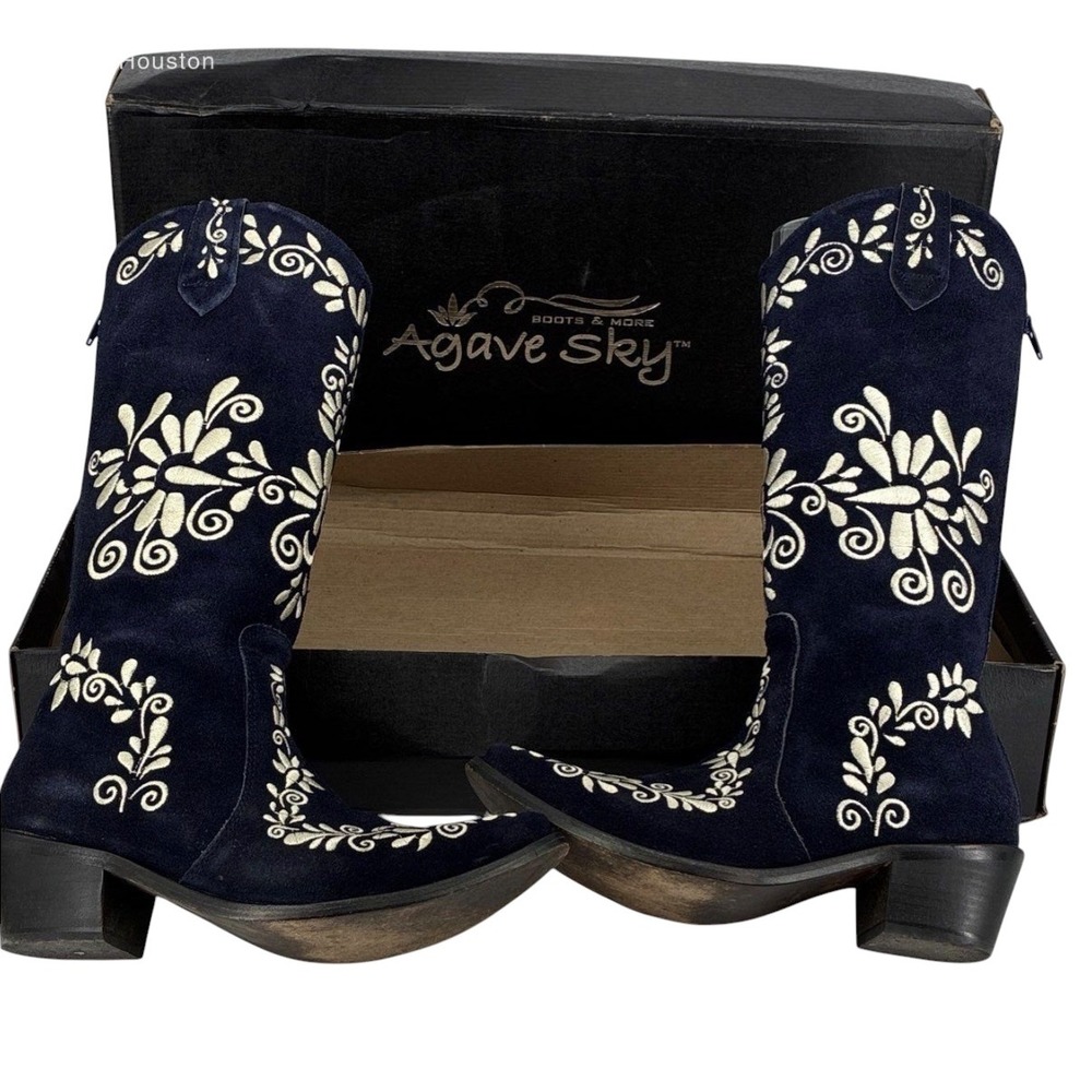 Agave Sky Womens Navy Blue Suede Embroidered Western Boots Floral Size 7 Zip Up